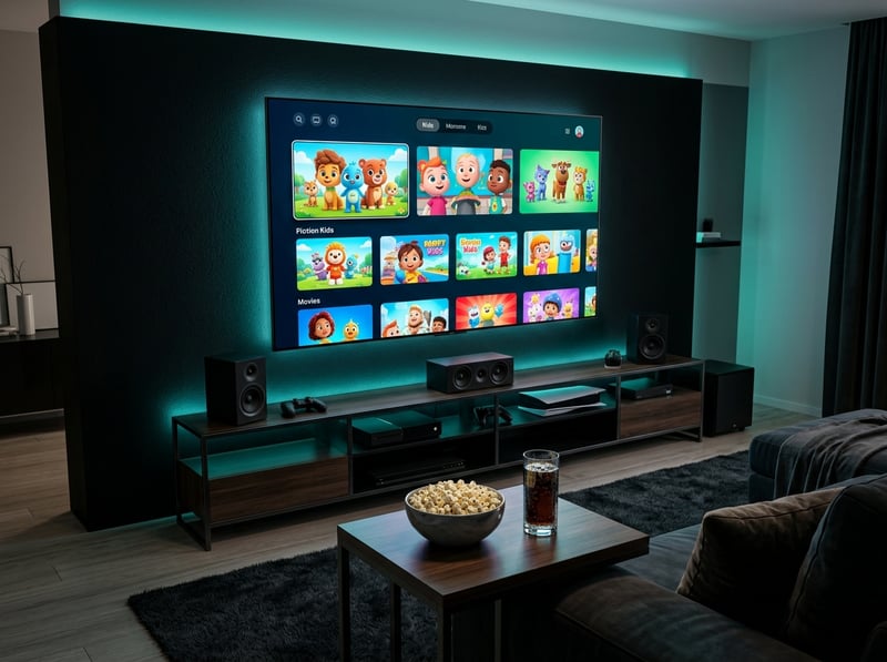 A large flat screen TV with a bowl of popcorn in front of it.
