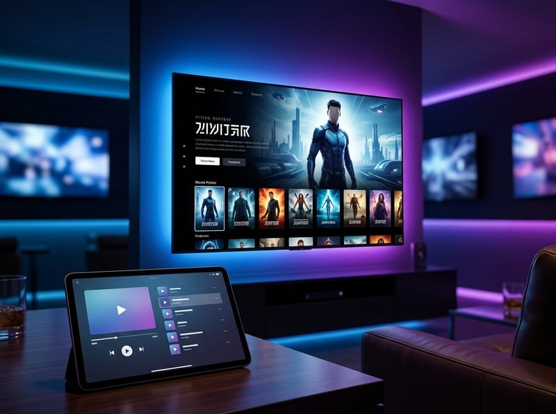 A tablet is sitting on a table in front of a large flat screen TV.