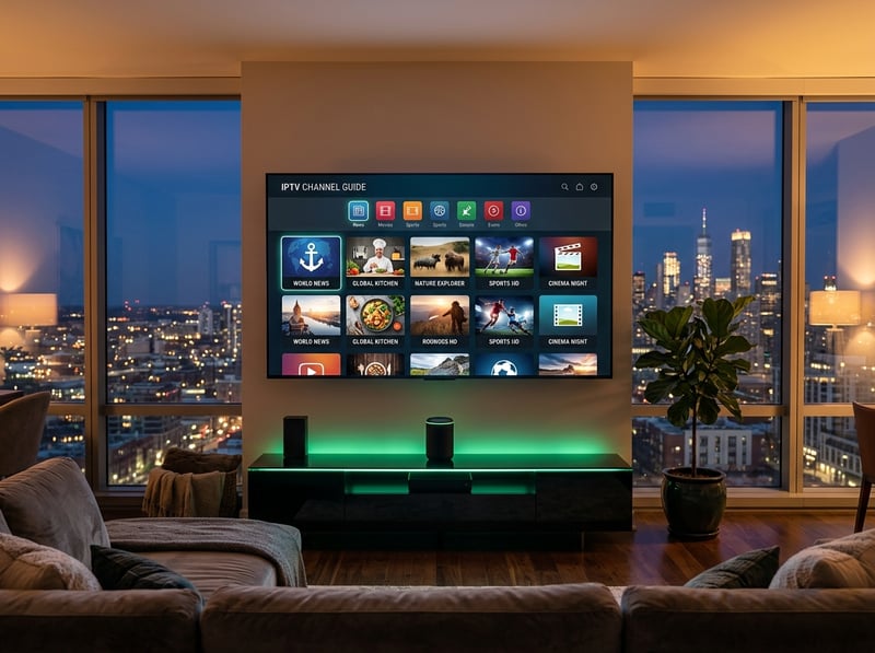 A large flat screen TV with a menu on the screen.