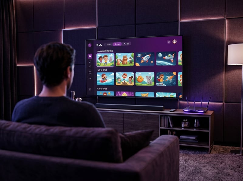 A man is sitting in a chair in front of a large flat screen TV that is displaying a menu of IPTV options.