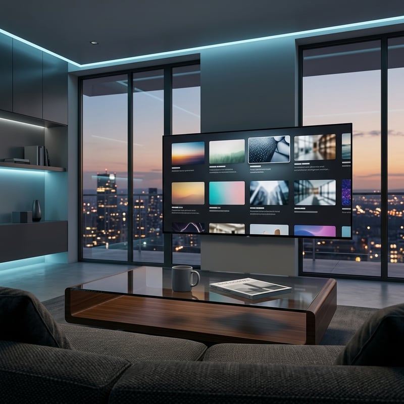 A large flat screen TV with a picture of a city on it.
