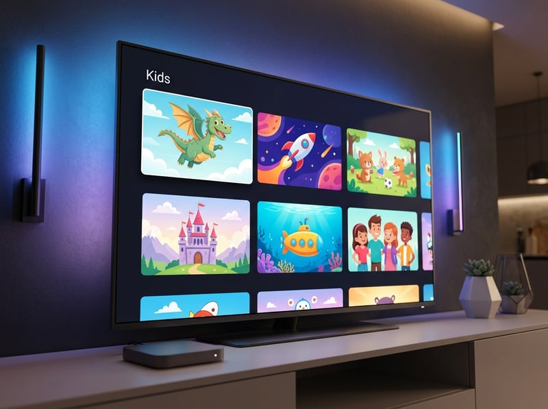A flat screen TV with a selection of children's shows on it.