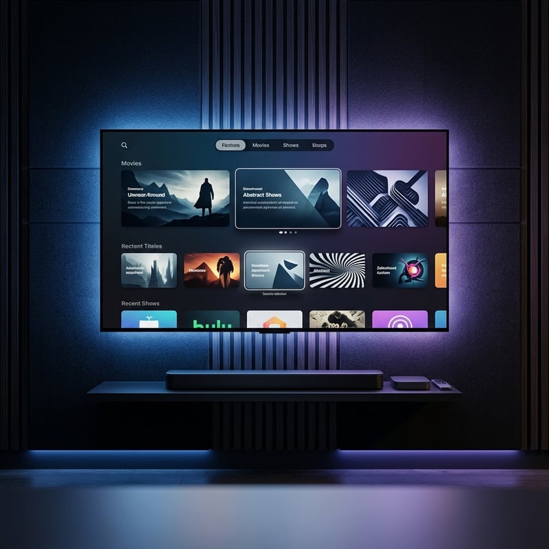 A flat screen TV with a black frame and blue lights displaying a menu of IPTV options.