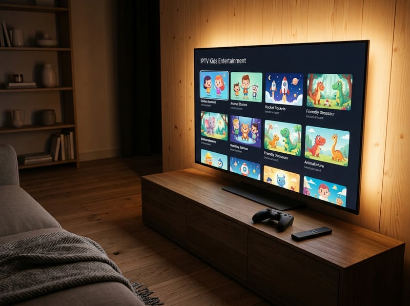 A flat screen TV displaying a variety of cartoons and shows.