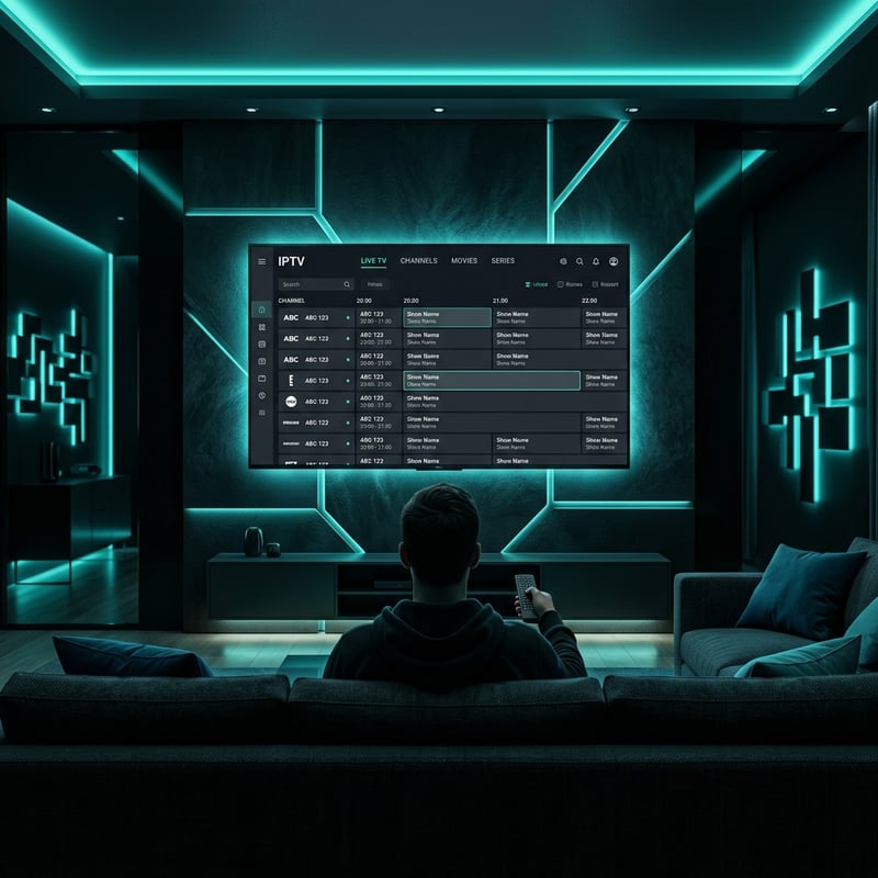 A man is sitting on a couch in front of a flat screen TV that is displaying a list of IPTV channels.
