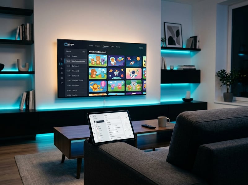 A tablet is on a table in front of a large flat screen TV.