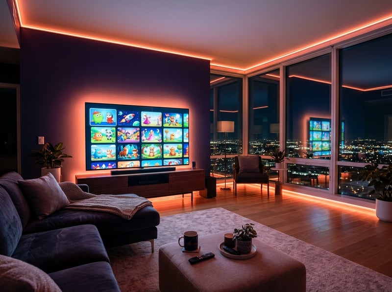 A large flat screen TV is mounted on the wall in a living room with a view of the city.