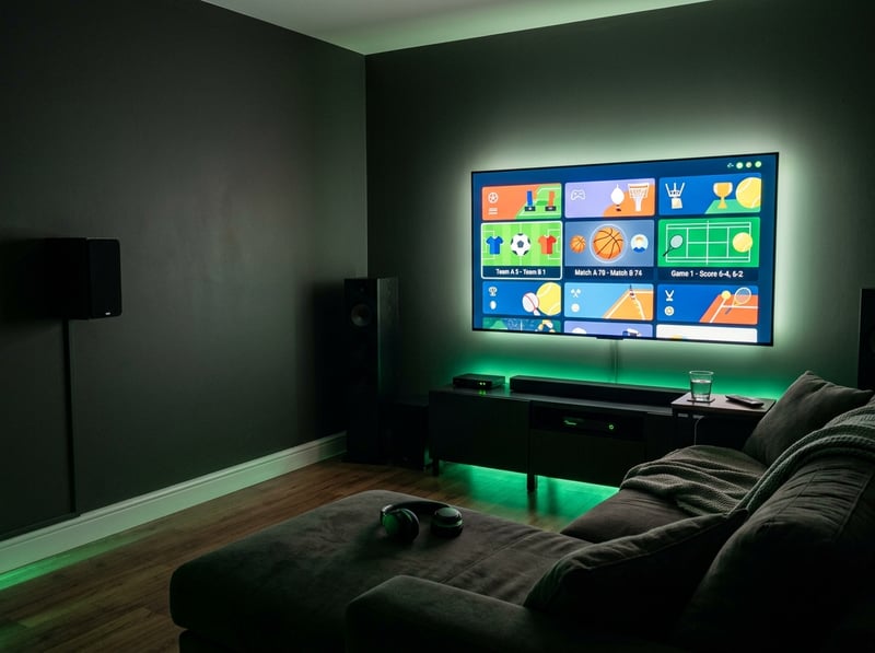 A large flat screen TV with a green border is turned on and displaying a sports menu.