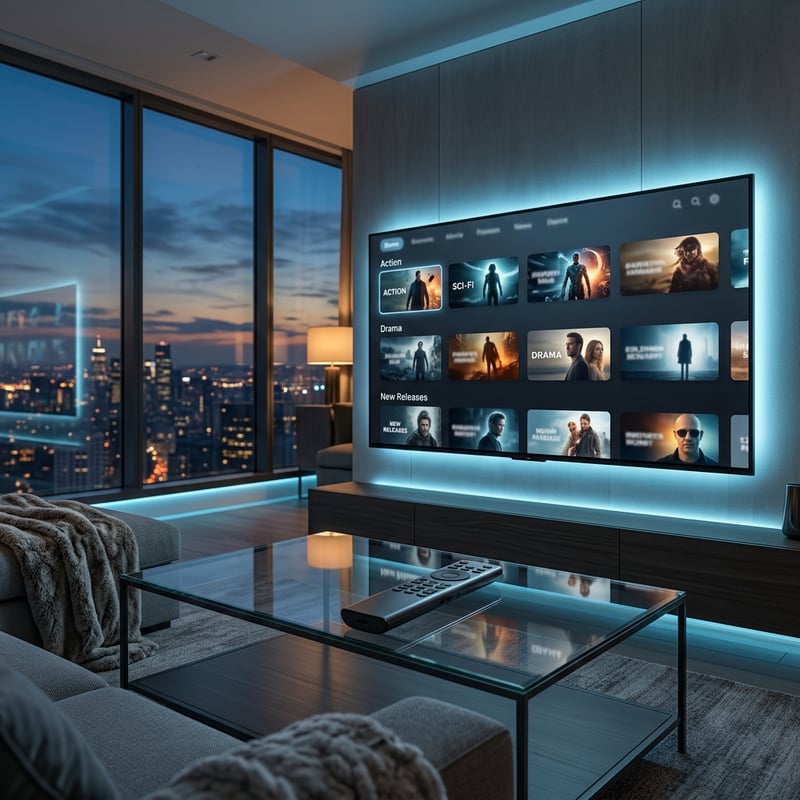 A large flat screen TV with a black frame and blue lighting is on in a living room.