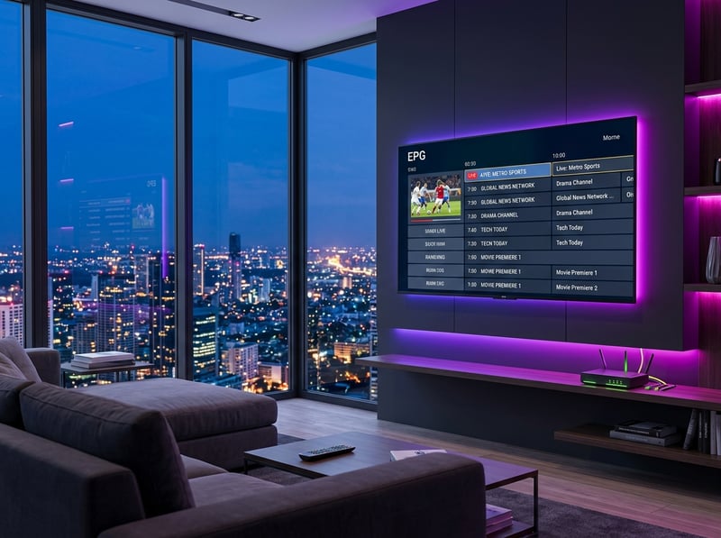 A large flat screen TV with IPTV on the screen.