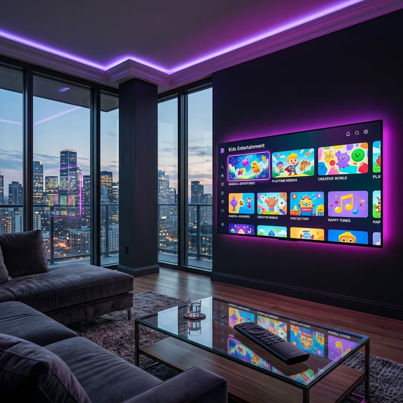 A large flat screen TV with a purple glow is mounted on the wall in a living room.