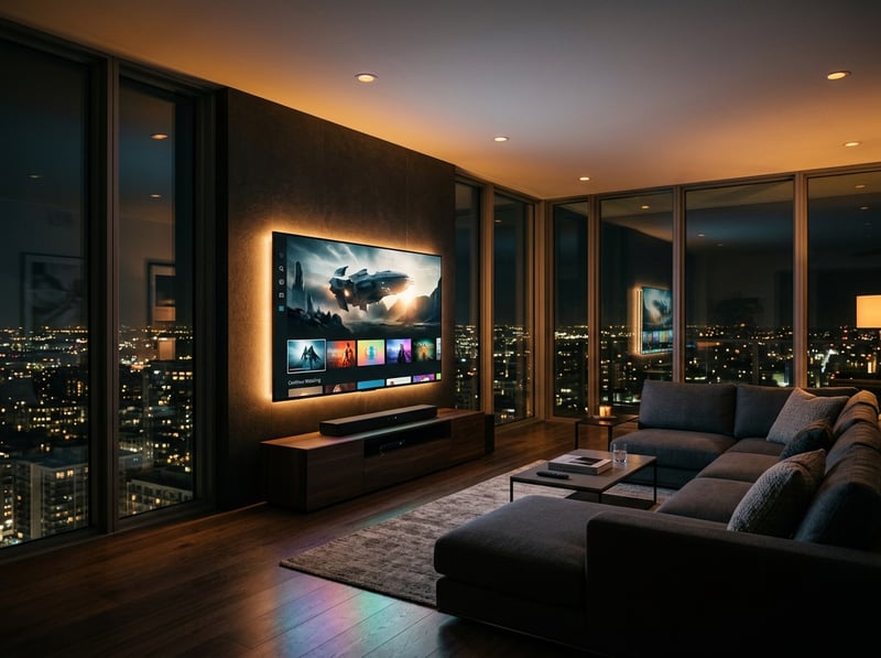 A large flat screen TV is mounted on the wall in a living room.