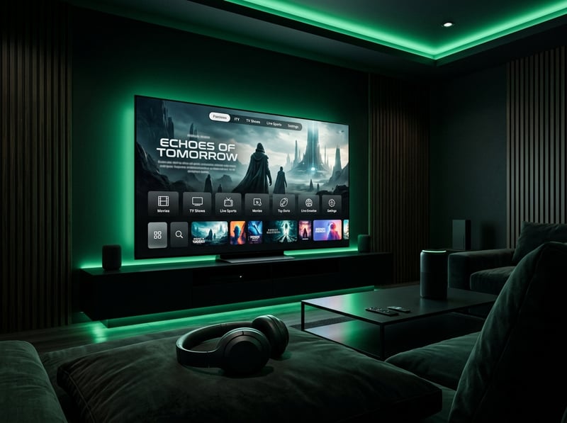 A large flat screen TV with a green frame and a menu on the screen.