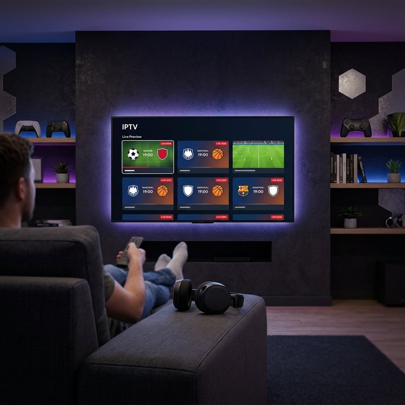 A man is sitting on a couch in front of a flat screen TV that is displaying the IPTV menu.