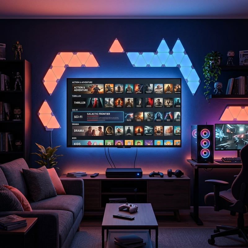 A flat screen TV with a blue and orange display is mounted on the wall.