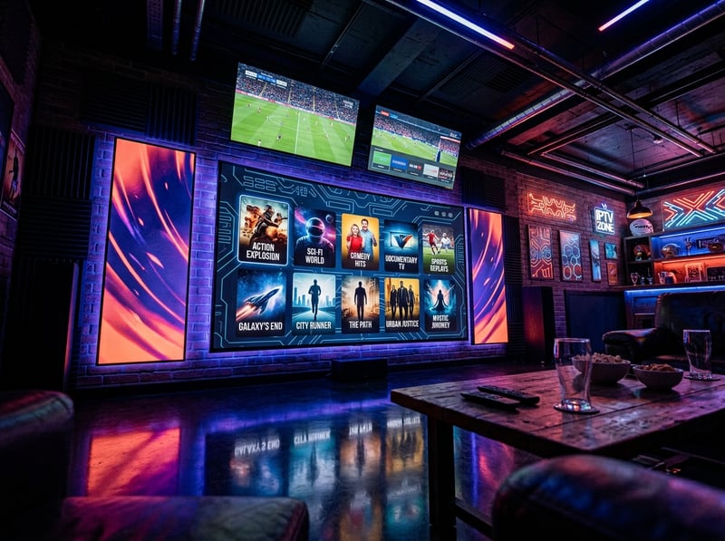 A bar with a large screen displaying movies and a menu of IPTV options.