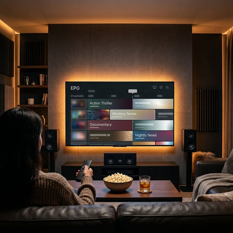 A woman sitting on a couch watching a large screen TV with the EPG menu on the screen.