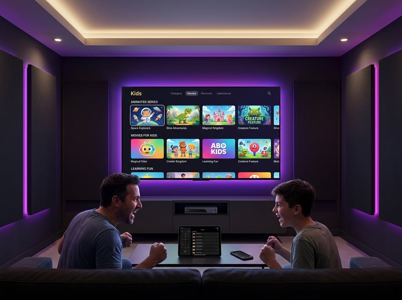 Two men sitting on a couch in front of a large screen TV, watching kids shows on an IPTV.