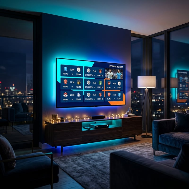 A large flat screen TV with a blue light display and a remote control.
