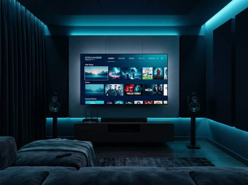 A large flat screen TV with a blue background is displaying a selection of movies and TV shows.