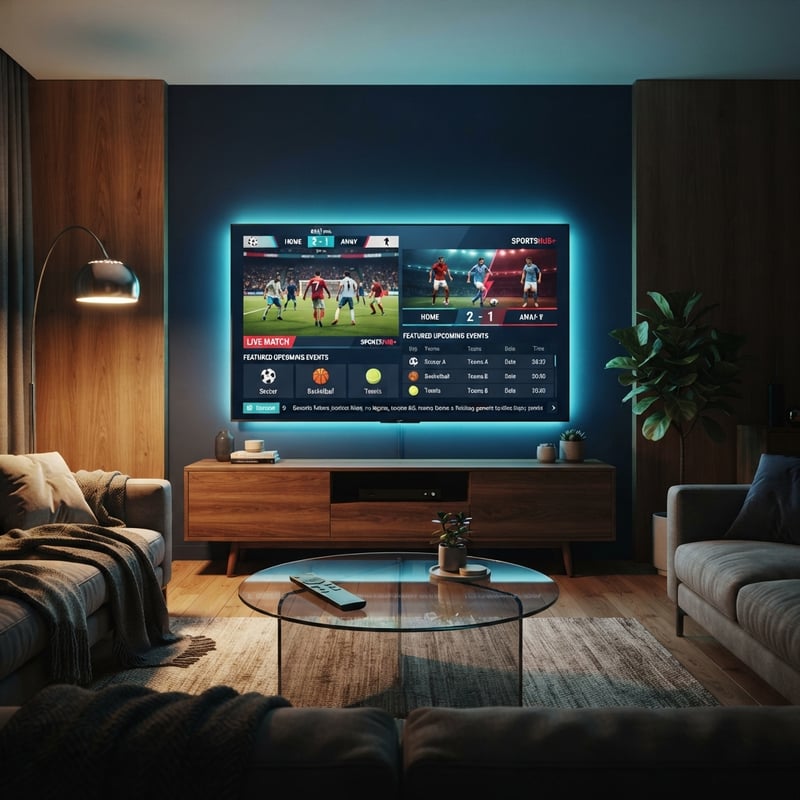 A large flat screen TV with a blue background displaying IPTV.