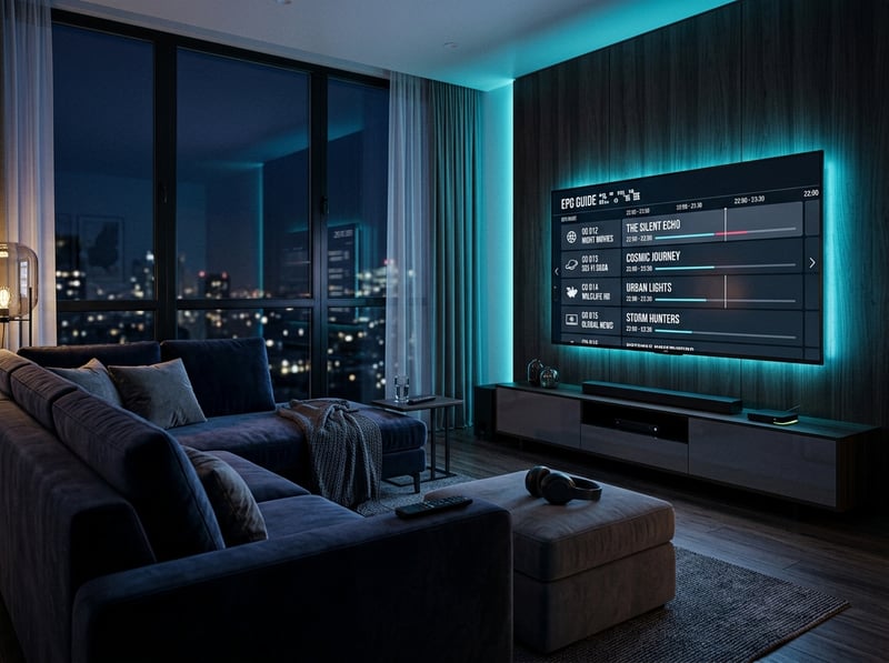 A large flat screen TV with a remote control sitting on a table in front of a couch.