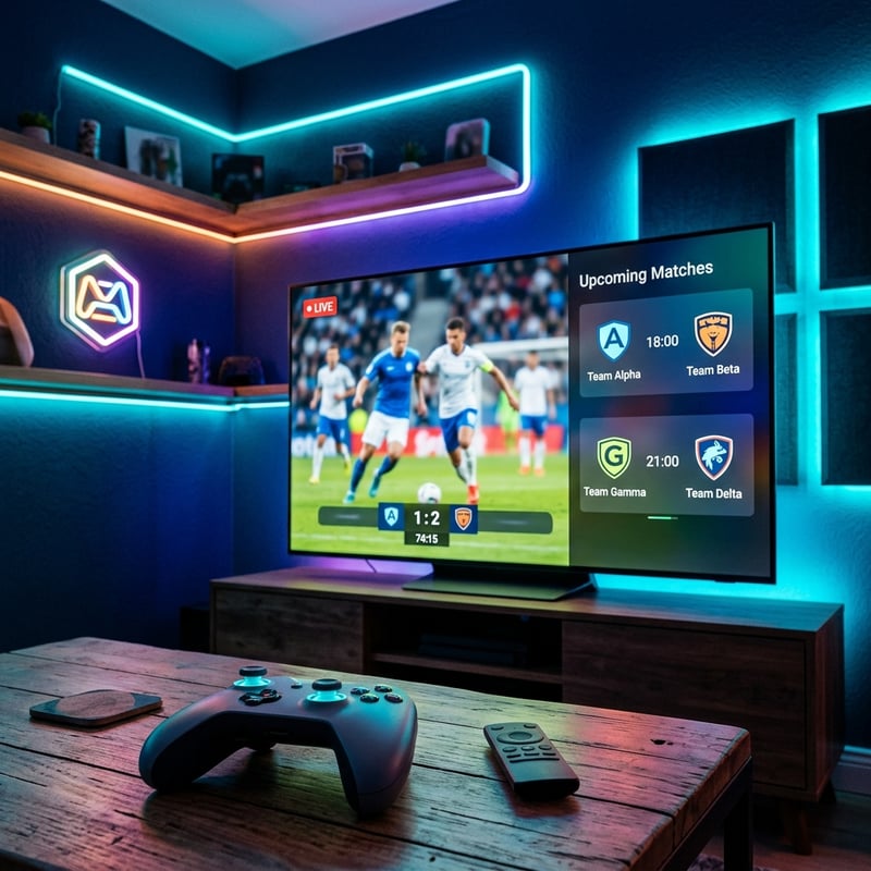 A flat screen TV displaying a soccer game with a remote control on the table.