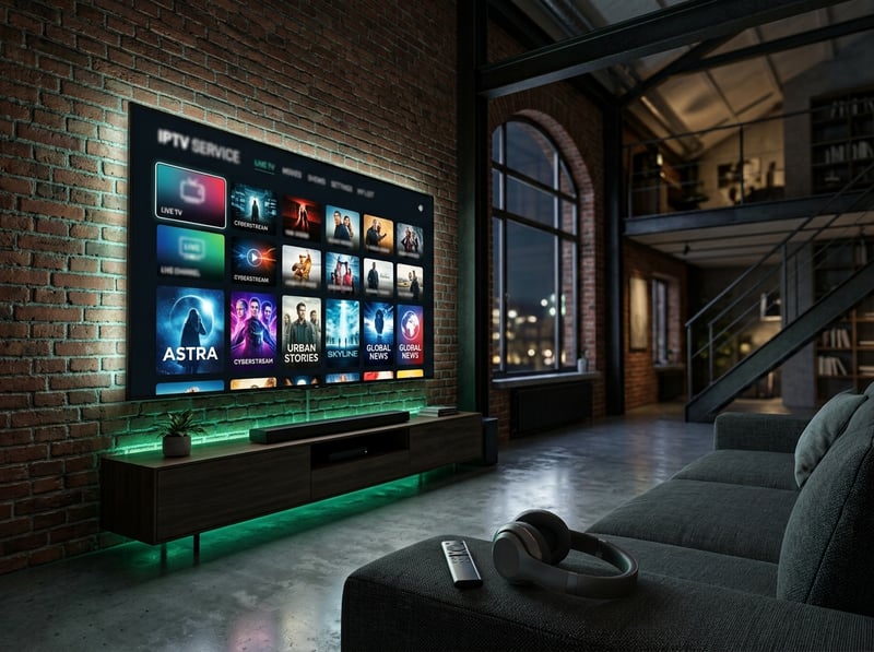A flat screen TV with IPTV service on a brick wall.