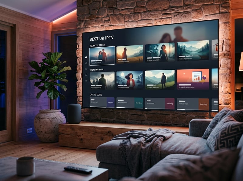 A large flat screen TV with a menu of IPTV options.