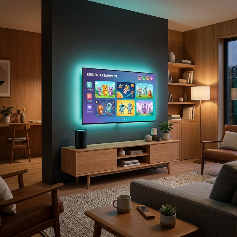 A flat screen TV with a blue light on the wall in front of it.