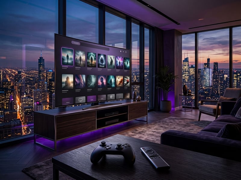 A large flat screen TV with a purple background displaying a menu of options.