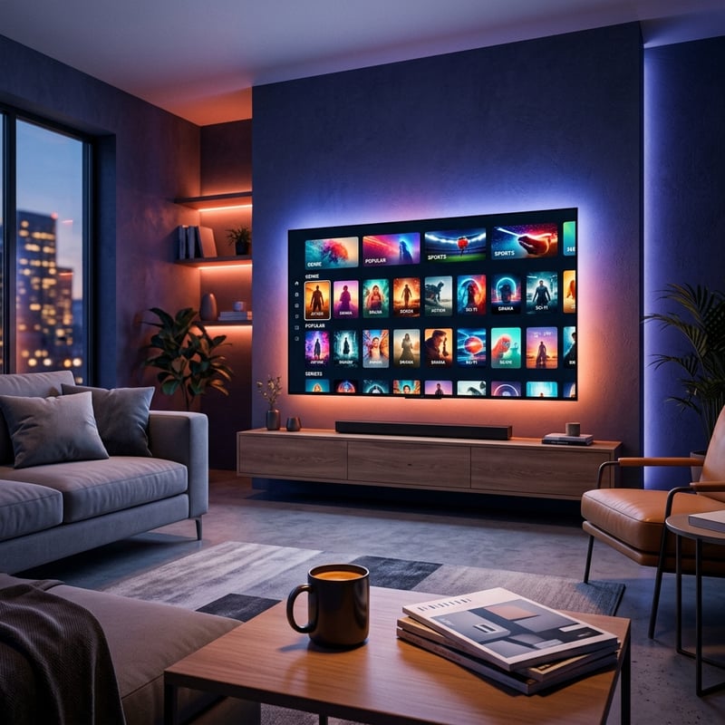 A large flat screen TV with a picture of a city on it.