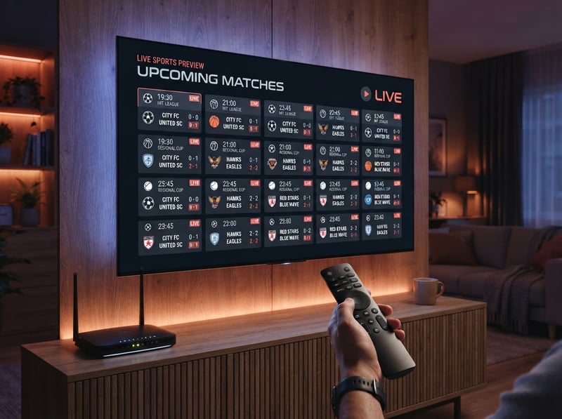 A man holding a remote control in front of a TV that shows a sports schedule.