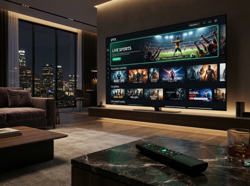A large flat screen TV is displaying a selection of movies and sports on the IPTV channel.