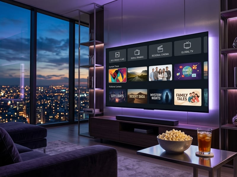 A large flat screen TV with a menu of IPTV channels.