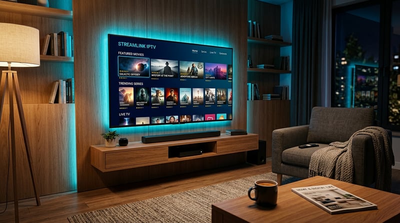 A large flat screen TV with a blue light on it and the words Streamlink IPTV on the screen.