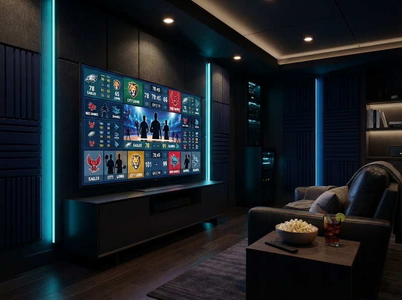 A large flat screen TV with a sports game on it.