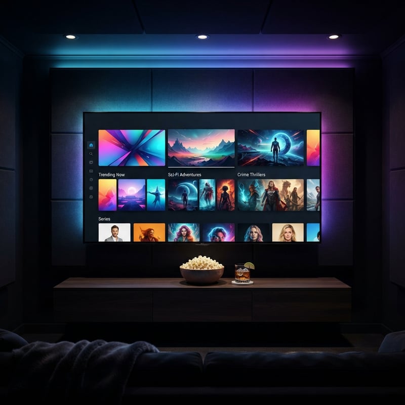 A large flat screen TV with a bowl of popcorn on a wooden stand.