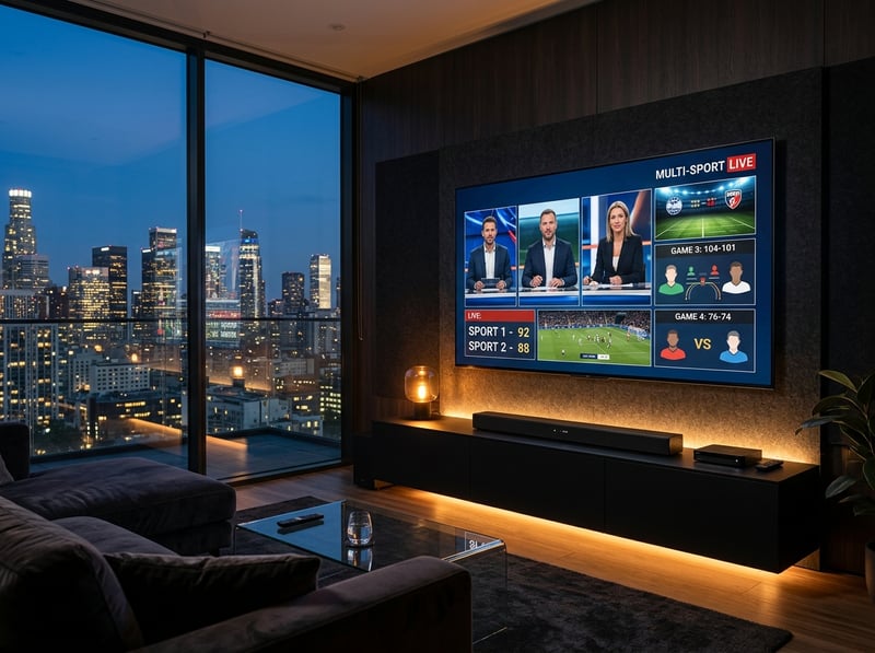 A large flat screen TV displaying multiple channels, including sports and news, is mounted on a wall in a living room.