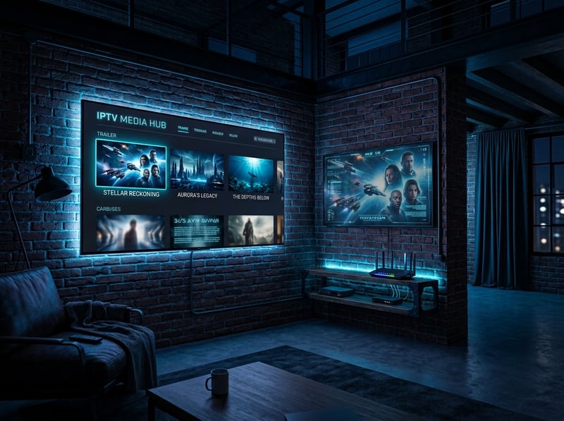 A room with a large screen TV displaying the IPTV Media Hub.