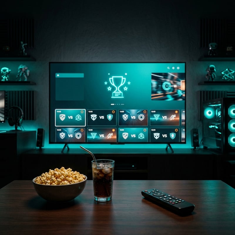 A flat screen TV with a bowl of popcorn and a glass of soda in front of it.