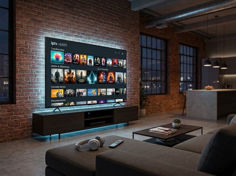 A large flat screen TV with IPTV on the screen.