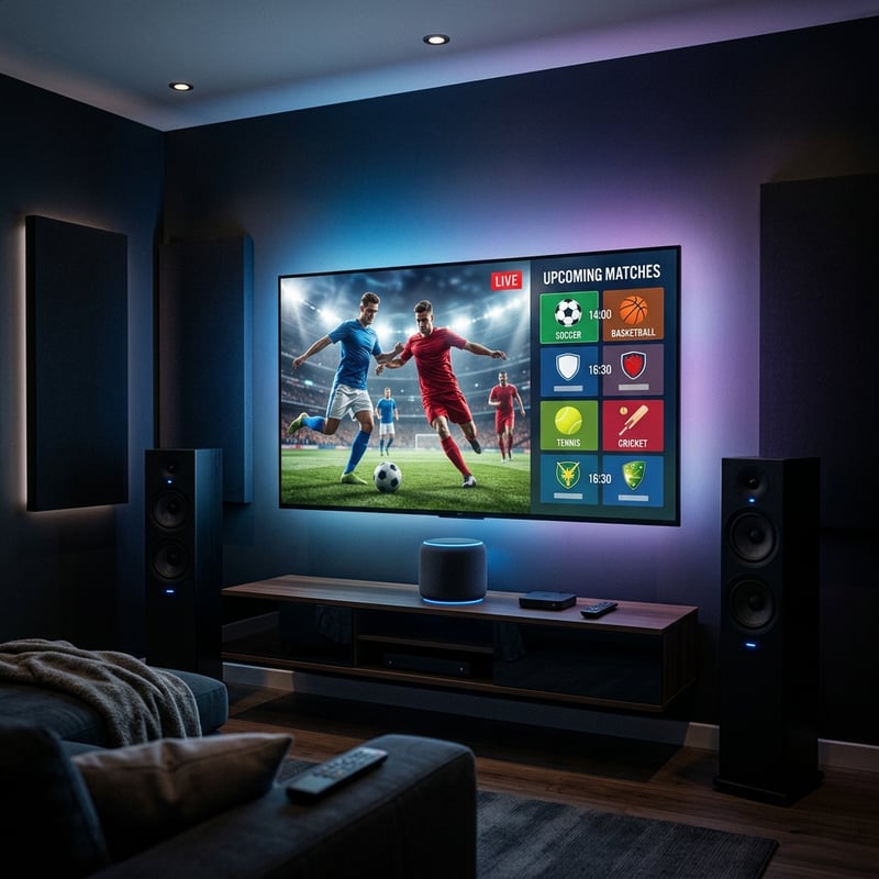 A large flat screen TV displaying a sports game with the words 
