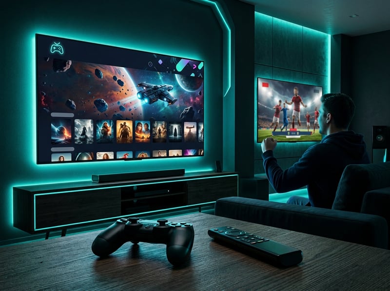 A man is playing video games on a large screen TV in a dark room.