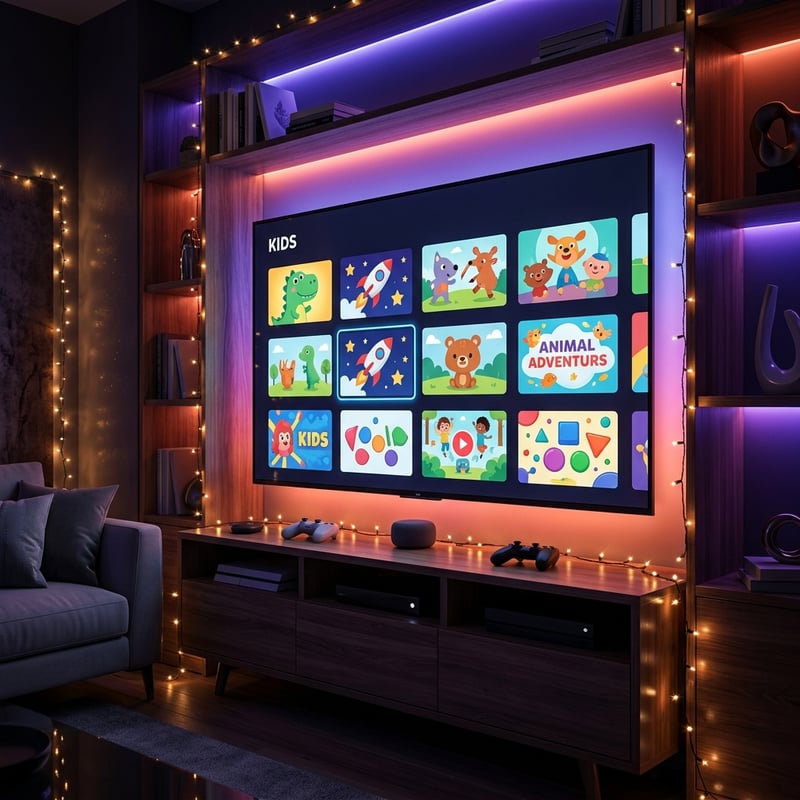 A large flat screen TV with a kids channel on it.