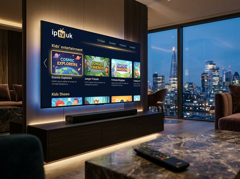 A large flat screen TV with the IPTV logo on it.
