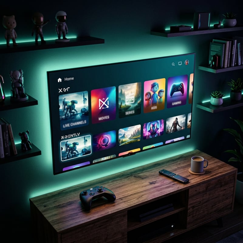A flat screen TV with a blue light underneath it.