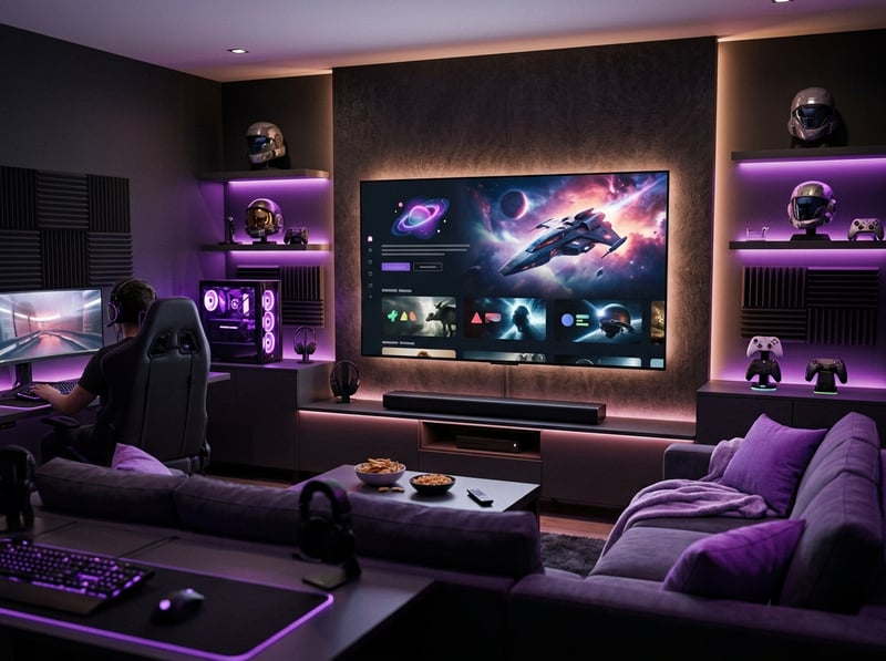 A man sits in a dark room with a large flat screen TV displaying a space ship.