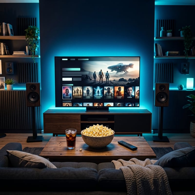 A large flat screen TV is turned on to a movie with a bowl of popcorn on the coffee table.