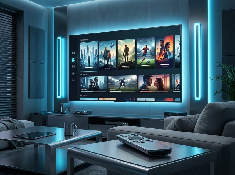 A large flat screen TV displaying a selection of movies and shows.